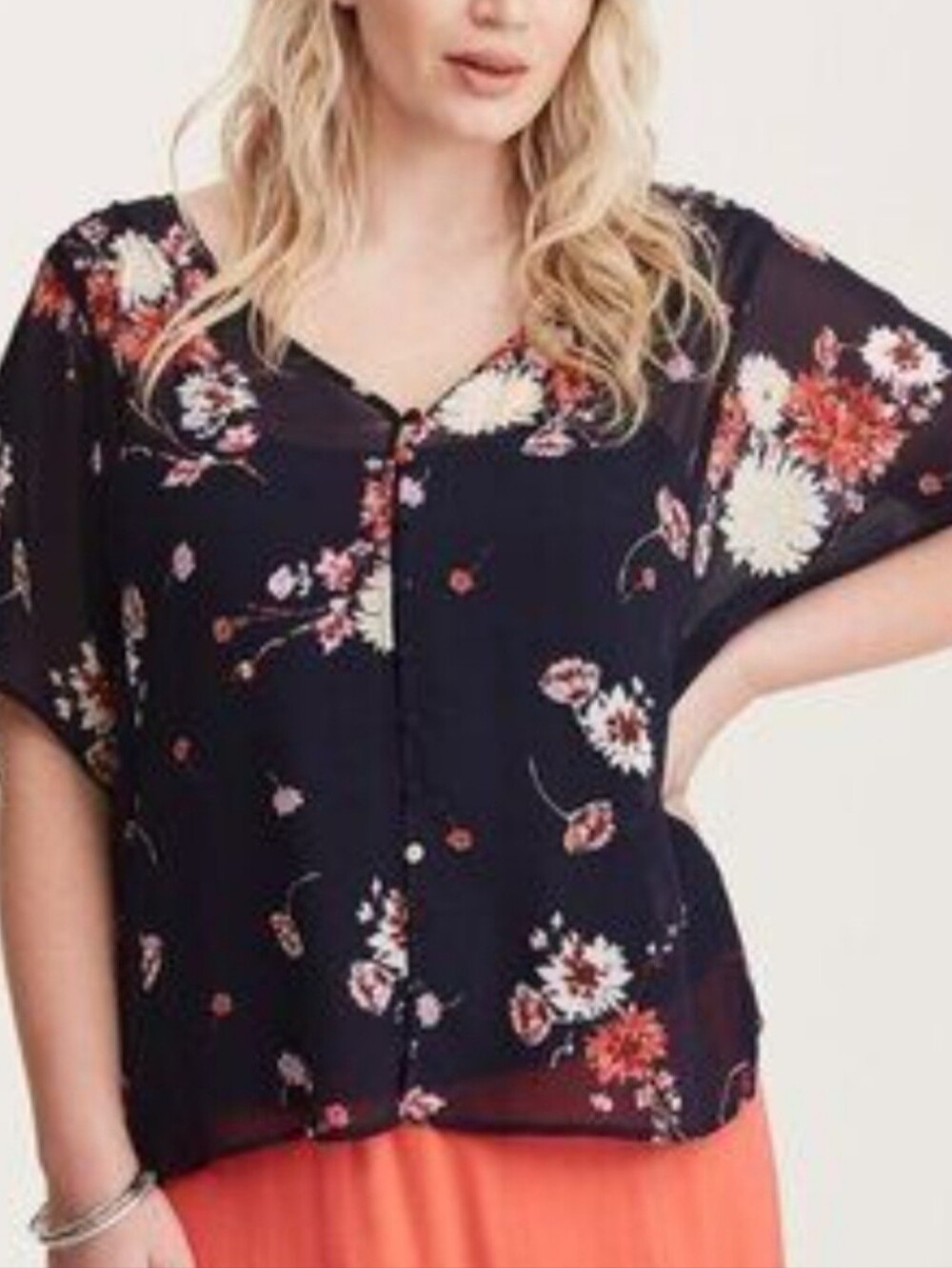 ⭐️ Torrid Navy Sheer Floral Button-Front V-Neck Blouse Sz 2X